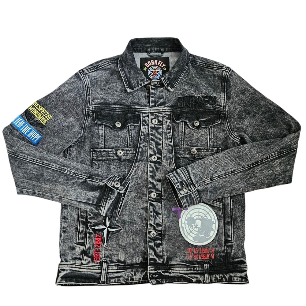 Born Fly Denim Jacket Acid‎ Wash Patches Graphic Streetwear Jean Jacket SM